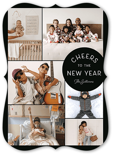 Joyful Round Grid New Year's Card, Black, 5x7 Flat, New Year, Matte, Signature Smooth Cardstock, Bracket, White