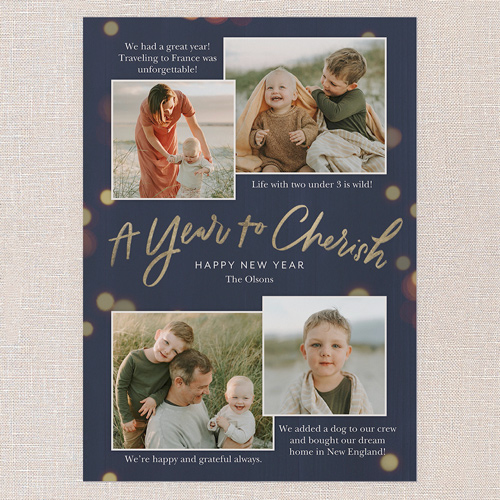 Cherished Bokeh Bliss New Year's Card, Blue, 5x7 Flat, New Year, Pearl Shimmer Cardstock, Square, Navy