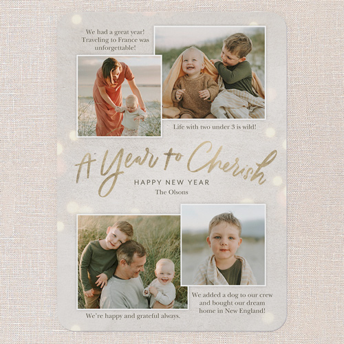 Cherished Bokeh Bliss New Year's Card, Grey, 5x7 Flat, New Year, Pearl Shimmer Cardstock, Rounded, Whisper Gray