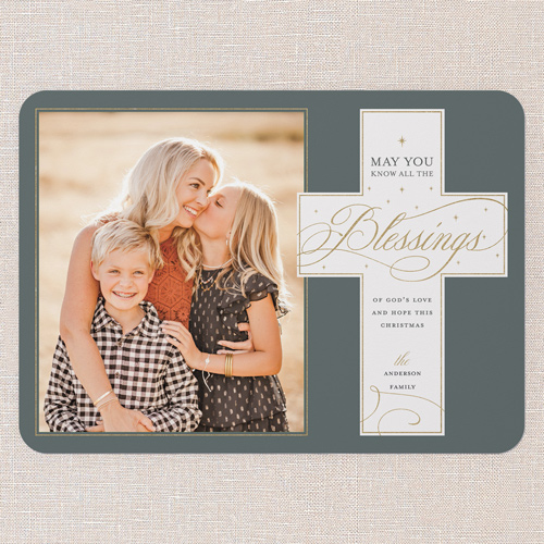 Blissful Cross Religious Christmas Card, Green, 5x7 Flat, Religious, Matte, Signature Smooth Cardstock, Rounded, Tree