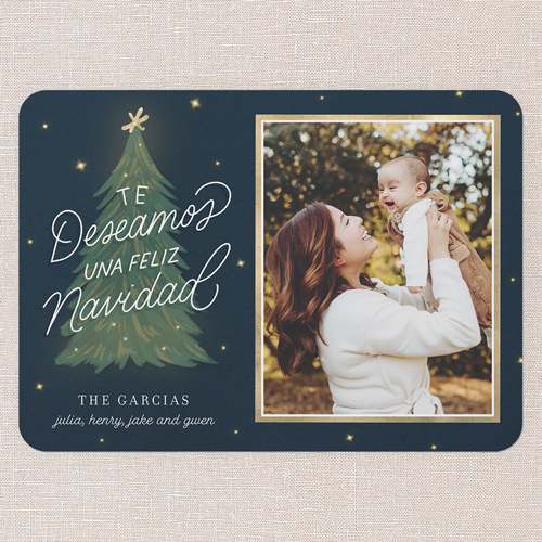 Lovely Tree Tarjeta de Navidad, Blue, 5x7 Flat, Feliz Navidad, Pearl Shimmer Cardstock, Rounded, Nautical