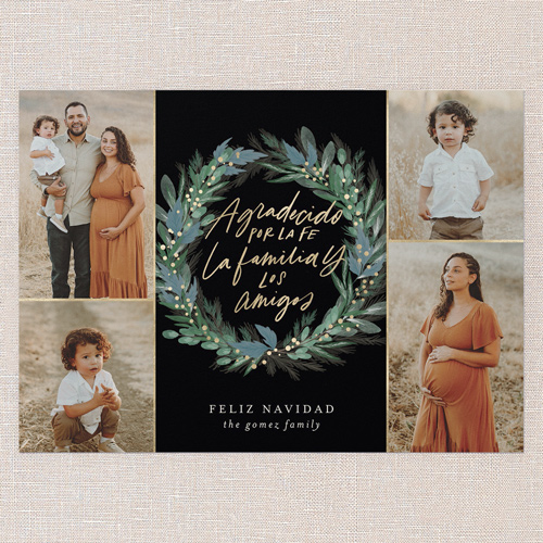 Wonderous Wreath Tarjeta de Navidad, Black, 5x7 Flat, Feliz Navidad, Pearl Shimmer Cardstock, Square, Black