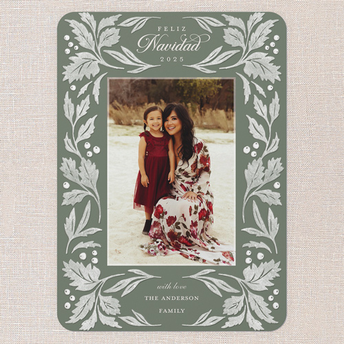 Leafy Embrace Tarjeta de Navidad, Green, 5x7 Flat, Feliz Navidad, Standard Smooth Cardstock, Rounded, Mantis