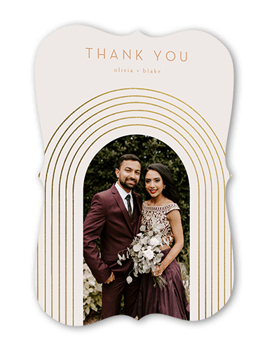 Arch Skyward Wedding Thank You Card, Grey, Gold Foil, 5x7 Flat, Pearl Shimmer Cardstock, Bracket