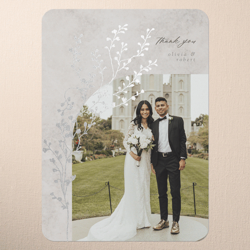Beaming Branch Wedding Thank You Card, Gray, Silver Foil, 5x7 Flat, Pearl Shimmer Cardstock, Rounded, Gray