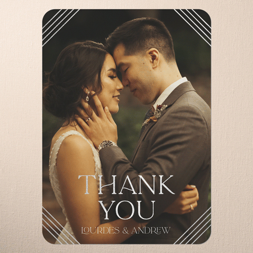 Diamond Deco Wedding Thank You Card, Green, Silver Foil, 5x7 Flat, Pearl Shimmer Cardstock, Rounded, Green