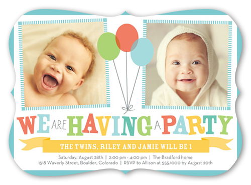 Bright Balloons Twin Birthday Invitation, Blue, Matte, Signature Smooth Cardstock, Bracket