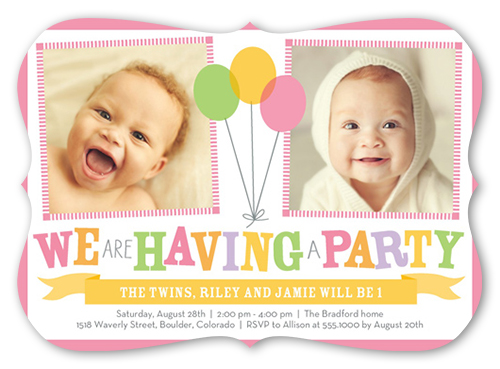 Bright Balloons Twin Birthday Invitation, Pink, Pearl Shimmer Cardstock, Bracket