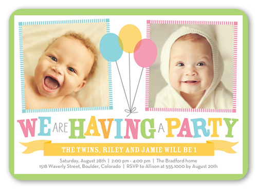 Bright Balloons Twin Birthday Invitation, Green, Standard Smooth Cardstock, Rounded