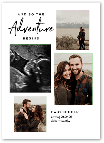 Beginning Adventures  Pregnancy Announcement, White, 5x7 Flat, Luxe Double-Thick Cardstock, Square
