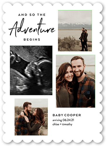 Beginning Adventures  Pregnancy Announcement, White, 5x7 Flat, Pearl Shimmer Cardstock, Scallop