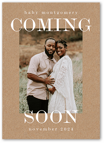 Coming Before Long Pregnancy Announcement, Beige, 5x7 Flat, Write Your Own Greeting, Pearl Shimmer Cardstock, Square