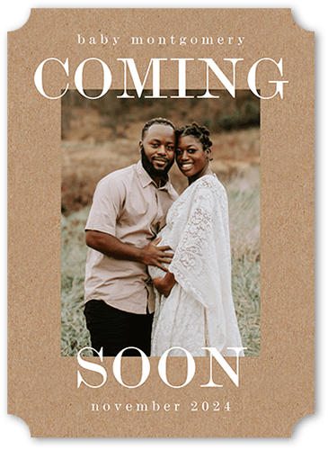 Coming Before Long Pregnancy Announcement, Beige, 5x7, Pearl Shimmer Cardstock, Ticket