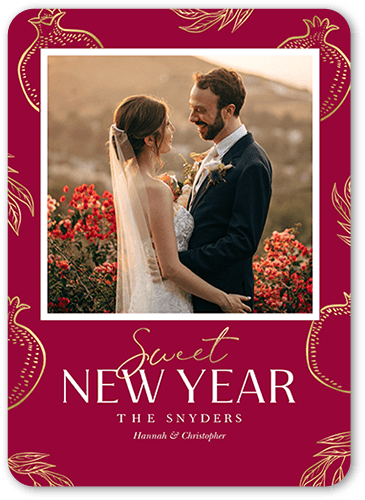 Pomegranate Pattern Rosh Hashanah Card, Red, 5x7 Flat, Pearl Shimmer Cardstock, Rounded