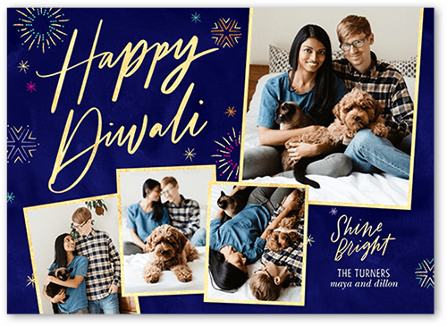Brilliant Fireworks Diwali Card, Blue, 5x7 Flat, Luxe Double-Thick Cardstock, Square, Dark Blue