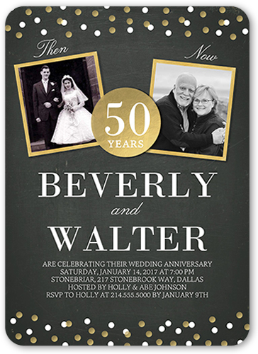 Then And Now Dots Wedding Anniversary Invitation, Black, Pearl Shimmer Cardstock, Rounded