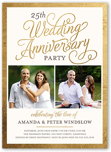 Scrolled Script Wedding Anniversary Invitation, White, Pearl Shimmer Cardstock, Square