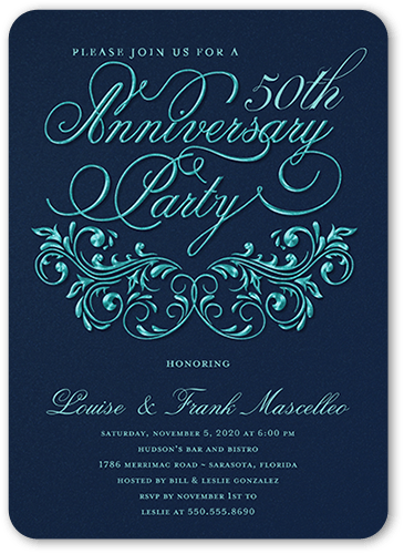 Filigree Love Wedding Anniversary Invitation, Blue, 5x7, Standard Smooth Cardstock, Rounded