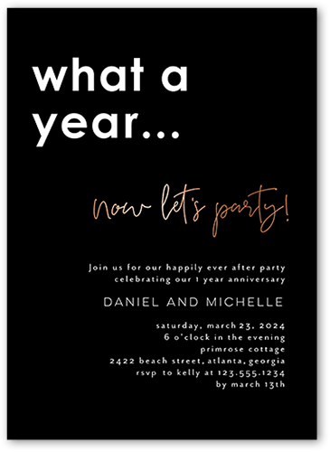 A Year To Party Wedding Anniversary Invitation, none, Black, 5x7 Flat, Pearl Shimmer Cardstock, Square