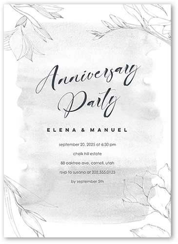 Blossoming Outline Wedding Anniversary Invitation, Grey, 5x7 Flat, Pearl Shimmer Cardstock, Square