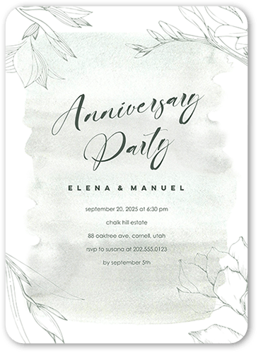 Blossoming Outline Wedding Anniversary Invitation, Green, 5x7, Pearl Shimmer Cardstock, Rounded