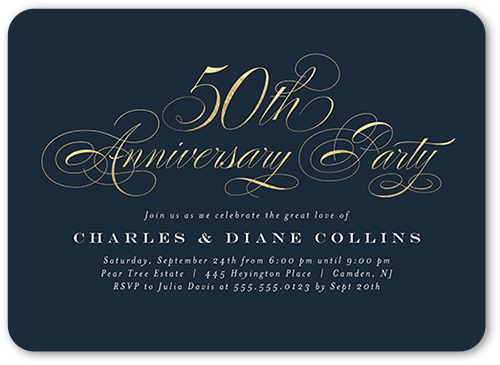 Fancy Fifty Wedding Anniversary Invitation, Blue, 5x7 Flat, Standard Smooth Cardstock, Rounded