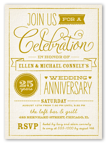 Wonderful Years Wedding Anniversary Invitation, Beige, 100% Recycled Cardstock ?, Square