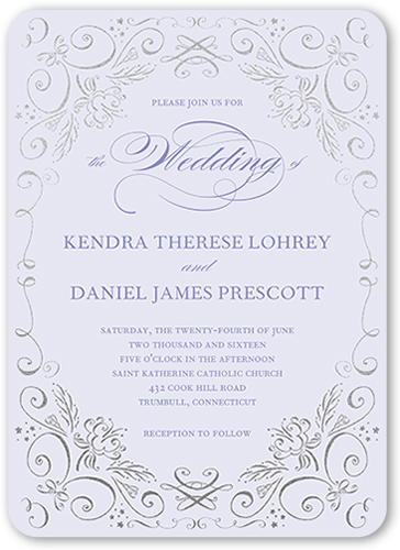 Whimsical Scrolls Wedding Invitation, Purple, Pearl Shimmer Cardstock, Rounded