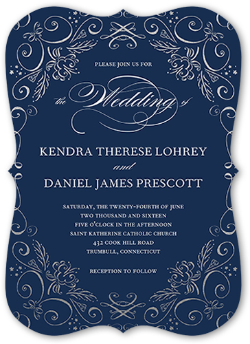 Whimsical Scrolls Wedding Invitation, Blue, Pearl Shimmer Cardstock, Bracket