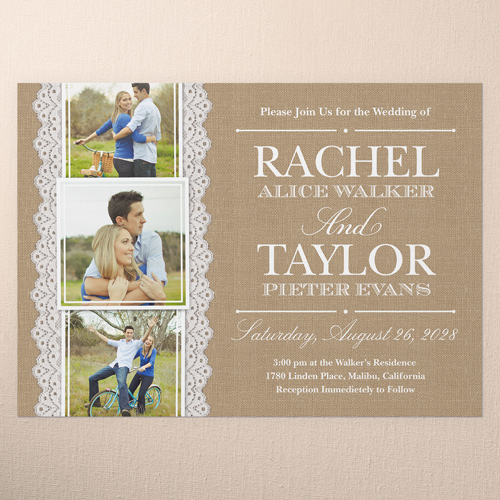 Burlap And Lace Wedding Invitation, Beige, Pearl Shimmer Cardstock, Square