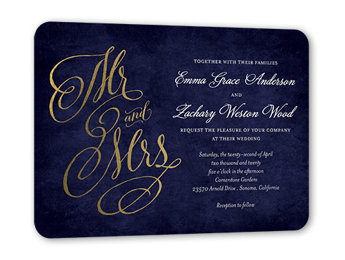 Spectacular Swirls Wedding Invitation, Gold Foil, Blue, 5x7, Matte, Signature Smooth Cardstock, Rounded