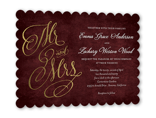 Spectacular Swirls Wedding Invitation, Red, Gold Foil, 5x7 Flat, Matte, Signature Smooth Cardstock, Scallop