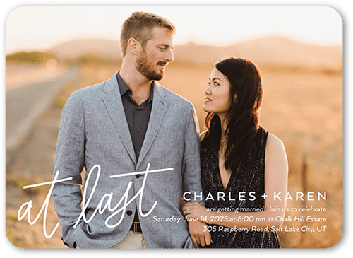 At Last Script Wedding Invitation, White, 5x7 Flat, Matte, Signature Smooth Cardstock, Rounded, White