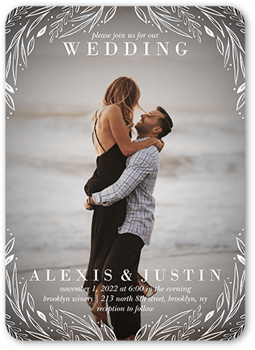 Simple Floral Frame Wedding Invitation, White, 5x7 Flat, 100% Recycled Cardstock , Rounded, White