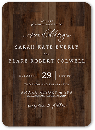 Simple Woodgrain Wedding Invitation, Brown, 5x7 Flat, 100% Recycled Cardstock , Rounded