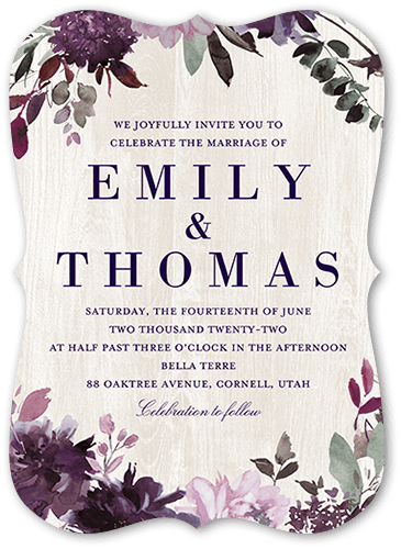Muted Floral Wedding Invitation, Purple, 5x7, Pearl Shimmer Cardstock, Bracket