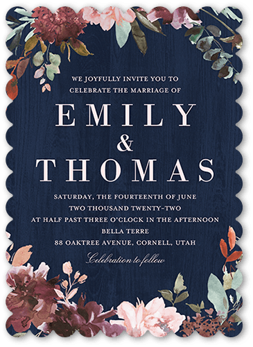 Muted Floral Wedding Invitation, Blue, 5x7 Flat, Matte, Signature Smooth Cardstock, Scallop