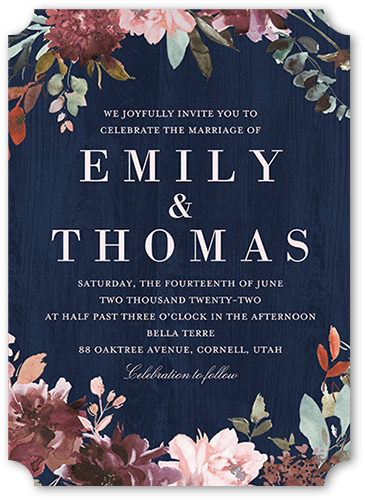 Muted Floral Wedding Invitation, Blue, 5x7, Matte, Signature Smooth Cardstock, Ticket