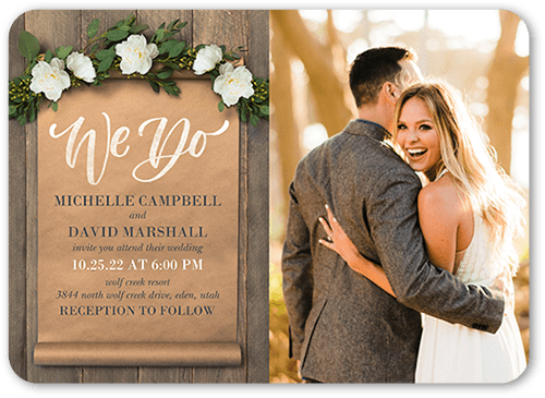 Rustic Scroll Wedding Invitation, Brown, 5x7 Flat, Pearl Shimmer Cardstock, Rounded