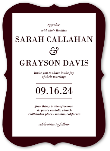 Purely Classic Wedding Invitation, Red, 5x7 Flat, Pearl Shimmer Cardstock, Bracket