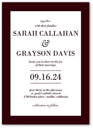 Purely Classic Wedding Invitation, Red, 5x7 Flat, Pearl Shimmer Cardstock, Square