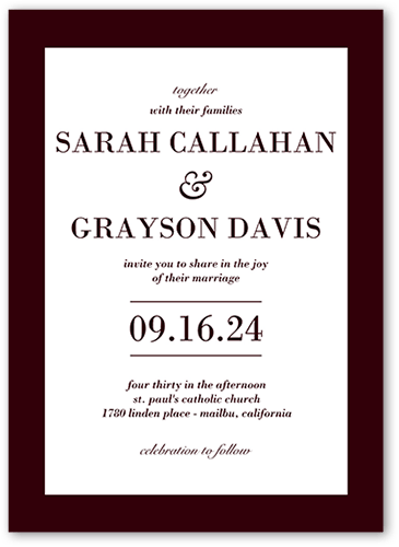 Purely Classic Wedding Invitation, Red, 5x7 Flat, Luxe Double-Thick Cardstock, Square