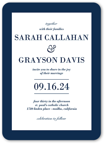 Purely Classic Wedding Invitation, Blue, 5x7 Flat, Pearl Shimmer Cardstock, Rounded
