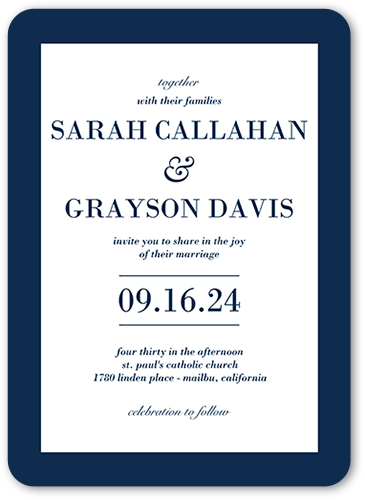 Purely Classic Wedding Invitation, Blue, 5x7 Flat, Matte, Signature Smooth Cardstock, Rounded