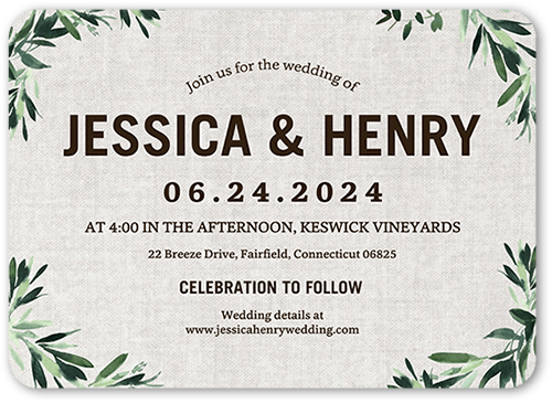 Textured Greenery Wedding Invitation, Gray, 5x7 Flat, Pearl Shimmer Cardstock, Rounded