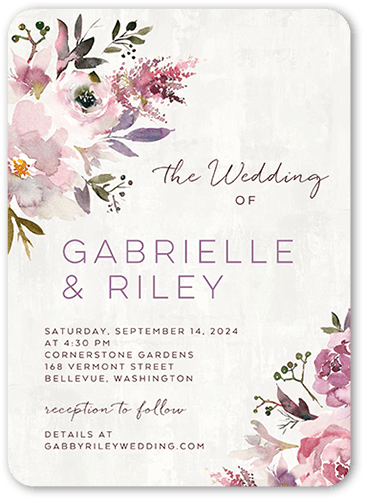Painted Promise Wedding Invitation, Purple, 5x7, Pearl Shimmer Cardstock, Rounded