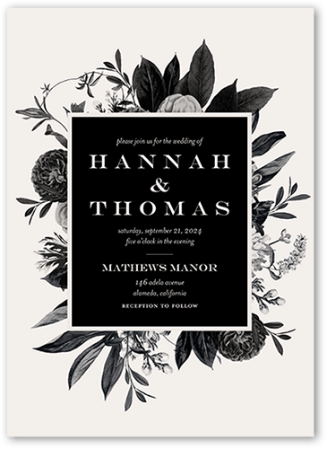 Monochrome Florals Wedding Invitation, Black, 5x7 Flat, Matte, Signature Smooth Cardstock, Square