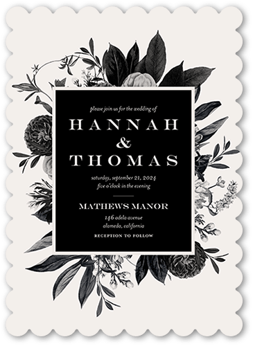 Monochrome Florals Wedding Invitation, Black, 5x7 Flat, Pearl Shimmer Cardstock, Scallop