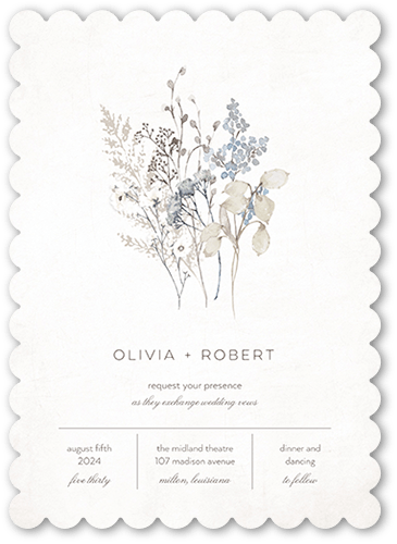 Wildflowers Wedding Invitation, Grey, 5x7 Flat, Pearl Shimmer Cardstock, Scallop