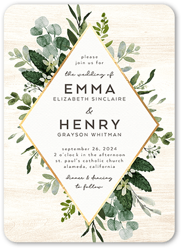 Naturally Green Wedding Invitation, White, 5x7 Flat, Pearl Shimmer Cardstock, Rounded